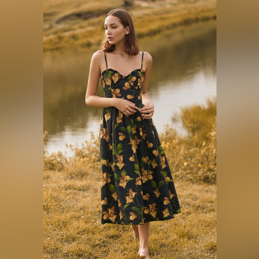 Agua by Agua Bendita 🌻 Acacia Jardin 100% Linen A-Line Bustier Midi Dress